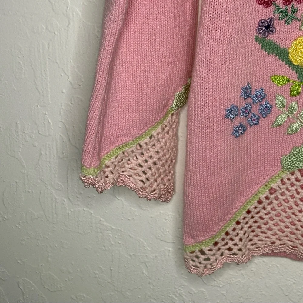 Storybook Knits Women XS Sweater Pink Blossoms Embroidered Spring Easter Buttons